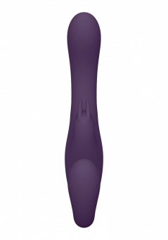 Фиолетовый безремневой вибрострапон Suki со стимулятором клитора - 22 см.