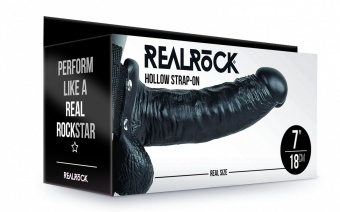 Черный реалистичный страпон-фаллопротез с мошонкой - 18 см.