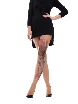 Женские колготки с эффектом цветного тату на левой ножке