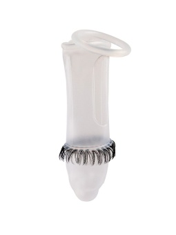 Закрытая насадка на пенис с подхватом мошонки и стимулирующими «ресничками»