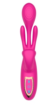 Розовый вибратор со стимуляцией клитора и фингерингом - 23,5 см.