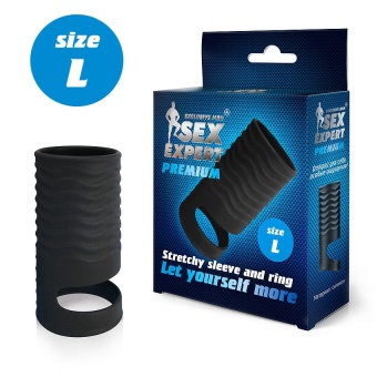 Открытая насадка на пенис с кольцом для мошонки L-size 8,5 см черная