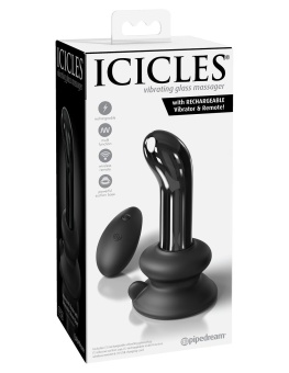 Загнутый вибростимулятор из стекла с пультом и присоской Icicles №84 черный - 10,6 см