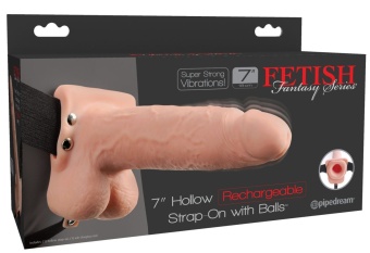 Полый реалистичный фаллопротез с вибрацией Hollow Rechargeable Strap-on with Balls 20 см телесный