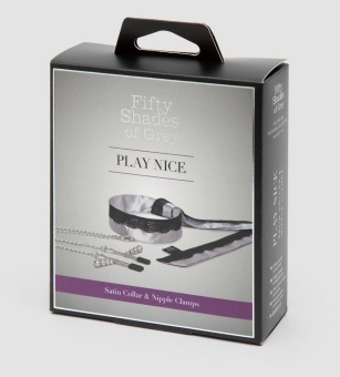Атласный ошейник с зажимами для сосков 50 оттенков серого Play Nice