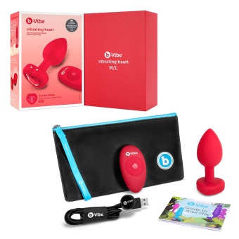 Анальная пробка с кристаллом сердцем и вибрацией b-Vibe Heart Shape Jewel Plug M/L красная
