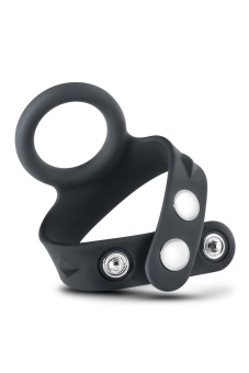 Черное эрекционное кольцо с подхватом мошонки на кнопках VS6