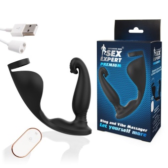 Анальный вибромассажёр с эрекционным кольцом и подхватом для мошонки 12,8 см черный