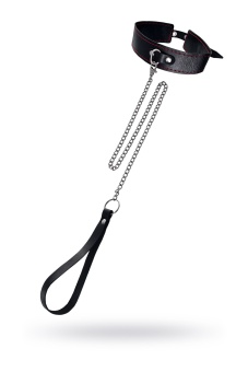 Кожаный двухслойный ошейник с красной строчкой и поводком