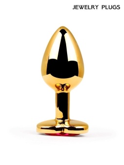 Золотистая анальная пробка с красным кристаллом - 9 см.