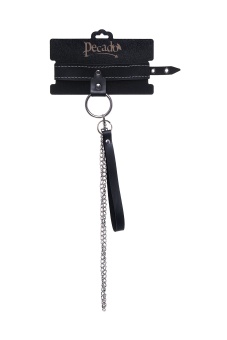 Черный узкий однослойный ошейник с серебристым поводком-цепочкой