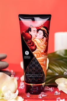 Съедобный массажный крем Shunga Необычные поцелуи Клубника и шампанское - 200 мл