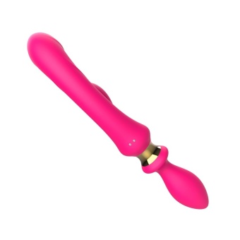 Розовый двусторонний вибромассажёр с клиторальным отростком - 30 см.