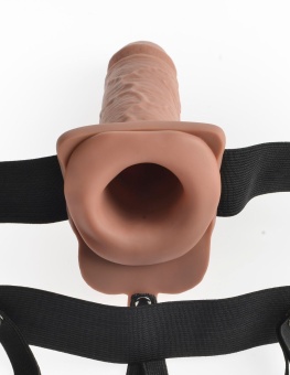 Полый реалистичный фаллопротез с вибрацией Hollow Rechargeable Strap-on with Balls 20 см мулат